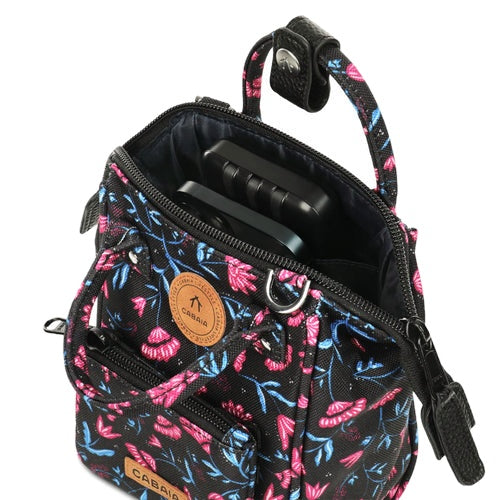 Sac bandoulière nano bag noir fleurs Surabaya Cabaia